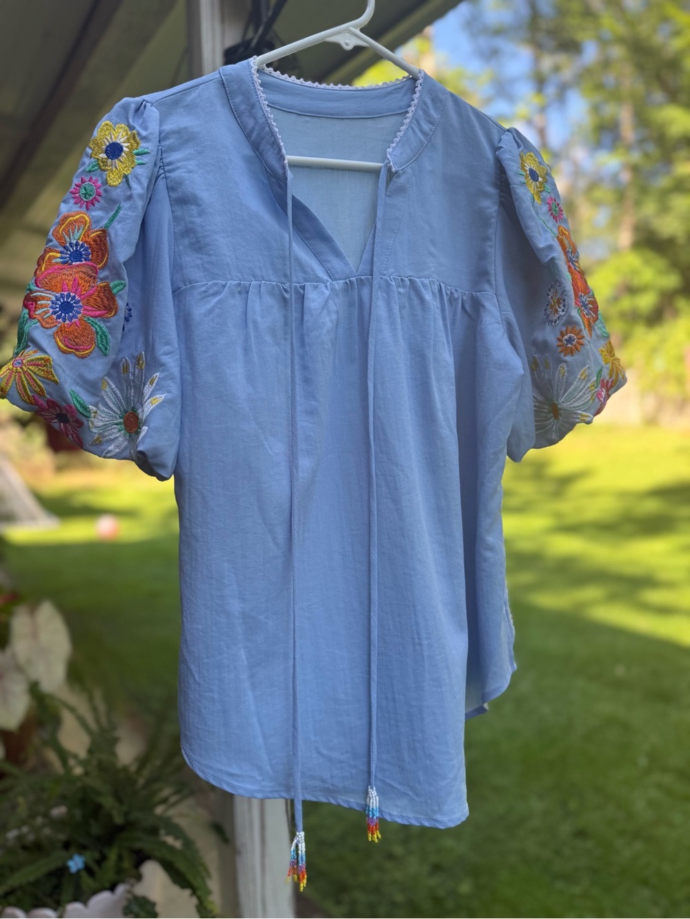 Light Blue Embroidered Puff-Sleeve Women's Top